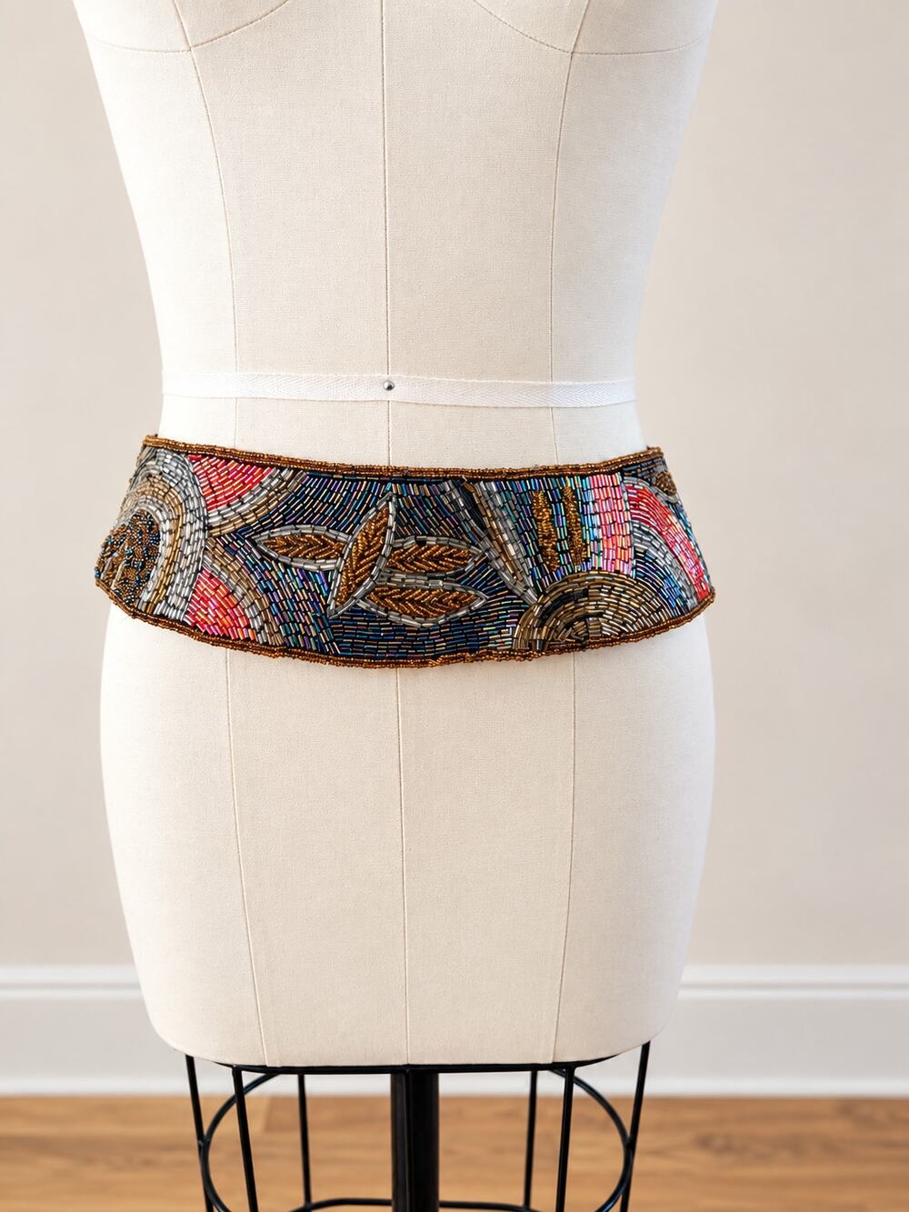 Vintage 1980s Hand Beaded Cinch Belt Size M Art Deco Revival Made in India
